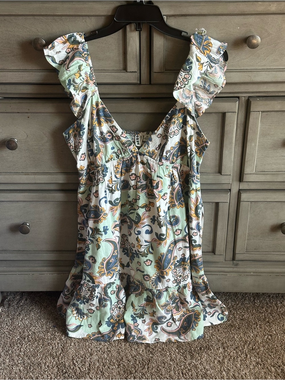 Roxy Palmy Days Mint Paisley V-Neck Ruffle Sleeve Mini Dress. Size Large - Picture 7 of 16